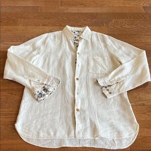 Martin Gordon large linen cream and black long sleeved button down shirt